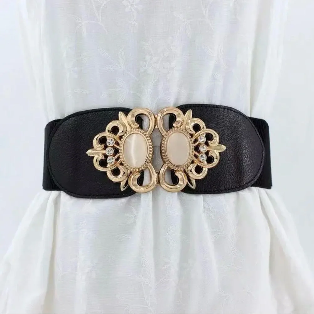 Golden‎ Double Buckle Black Waspie Belt Stretchy Elastic Accentuating Waist Band